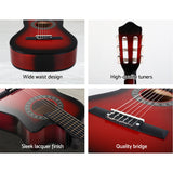 Alpha 34 Inch Guitar Classical Acoustic Cutaway Wooden Ideal Kids Gift Children 1/2 Size Red with Capo Tuner